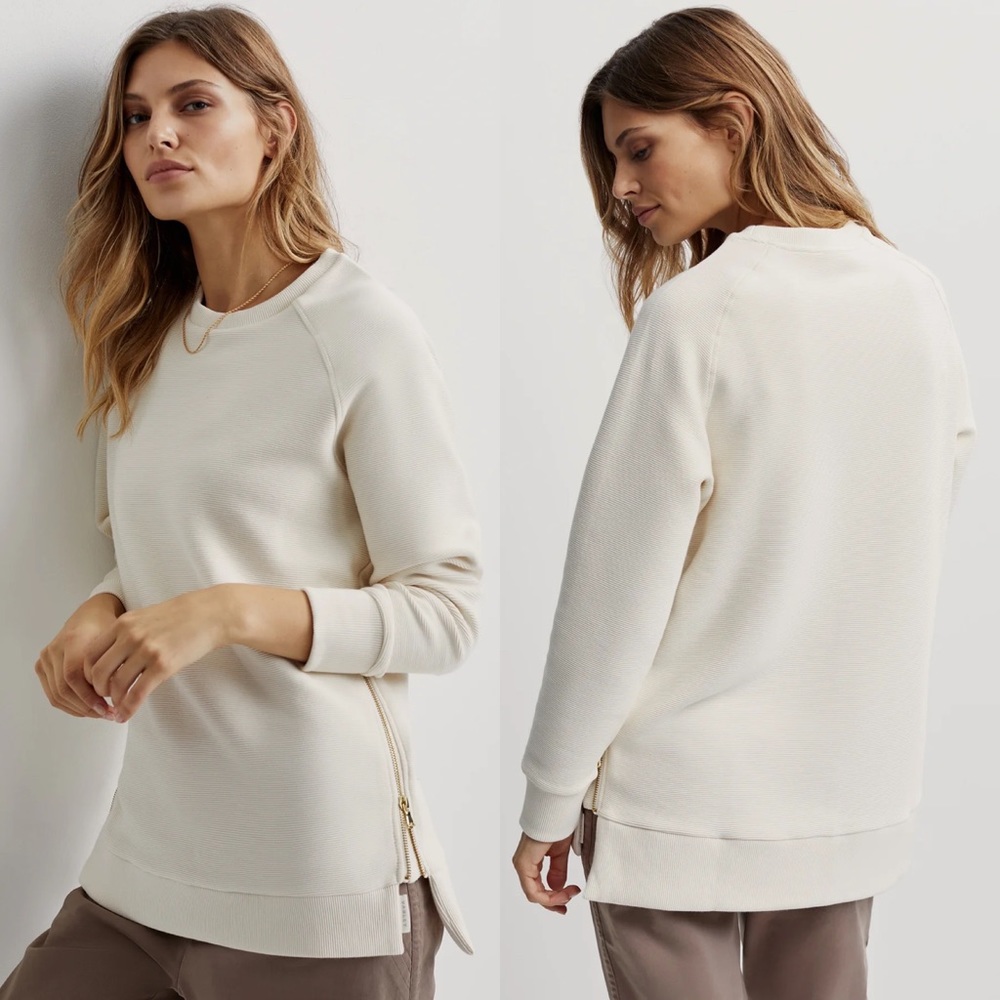 Varley Cream Long-Sleeve Crewneck Sweatshirt with Side Zip